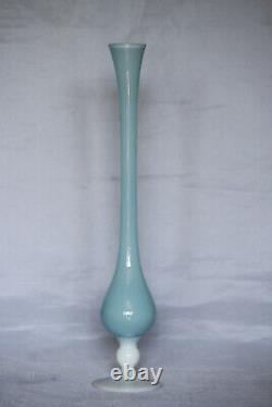 Vintage Tall Italian Blue Opaline Bud Stem Vase Italy 39cm 15.4in White Base