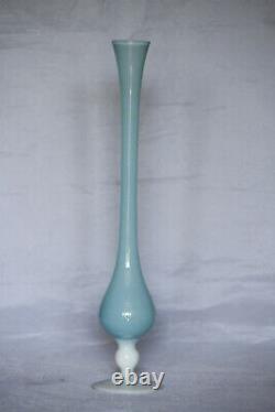 Vintage Tall Italian Blue Opaline Bud Stem Vase Italy 39cm 15.4in White Base