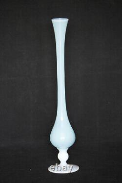 Vintage Tall Italian Blue Opaline Bud Stem Vase Italy 39cm 15.4in White Base