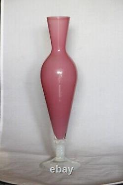 Vintage Tall Italian Pink Opaline Vase Murano 35cm 13.8in White Opalescent Base