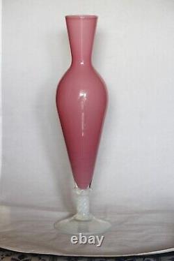 Vintage Tall Italian Pink Opaline Vase Murano 35cm 13.8in White Opalescent Base