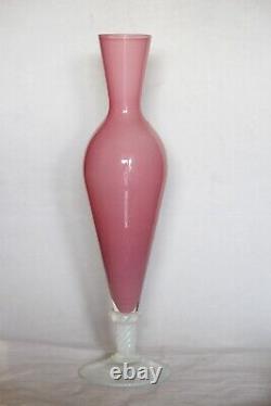 Vintage Tall Italian Pink Opaline Vase Murano 35cm 13.8in White Opalescent Base