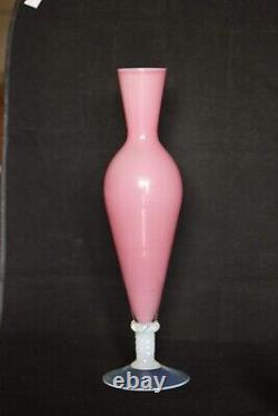 Vintage Tall Italian Pink Opaline Vase Murano 35cm 13.8in White Opalescent Base