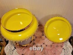 Vintage Venetian Murano Cameo Yellow Opalescent Gilded Glass Covered Compote Exc