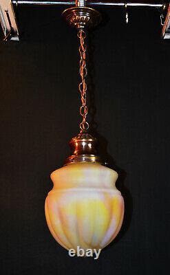 Vintage art deco C-1940s schoolhouse Bronze & Opaline milk glass pendant light