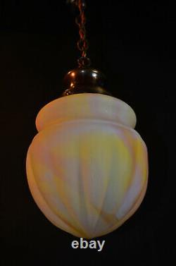 Vintage art deco C-1940s schoolhouse Bronze & Opaline milk glass pendant light