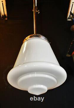 Vintage art deco C-1940s schoolhouse chrome & Opaline milk glass pendant light