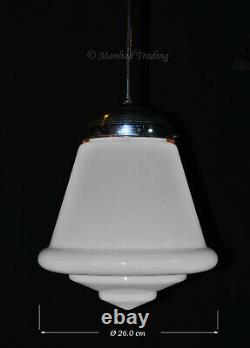 Vintage art deco C-1940s schoolhouse chrome & Opaline milk glass pendant light