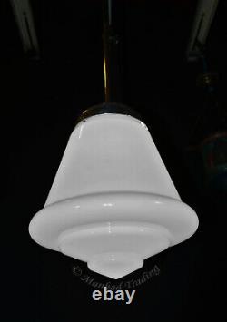 Vintage art deco C-1940s schoolhouse chrome & Opaline milk glass pendant light
