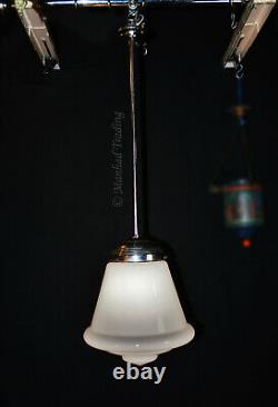 Vintage art deco C-1940s schoolhouse chrome & Opaline milk glass pendant light