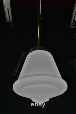 Vintage art deco C-1940s schoolhouse chrome & Opaline milk glass pendant light