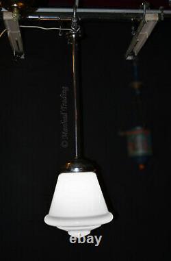 Vintage art deco C-1940s schoolhouse chrome & Opaline milk glass pendant light