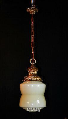 Vintage art deco C-1940s schoolhouse gilt metal & Opaline glass pendant light