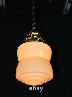 Vintage art deco C-1940s schoolhouse gilt metal & Opaline glass pendant light