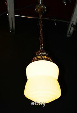 Vintage art deco C-1940s schoolhouse gilt metal & Opaline glass pendant light