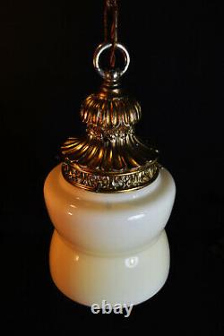 Vintage art deco C-1940s schoolhouse gilt metal & Opaline glass pendant light