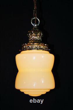 Vintage art deco C-1940s schoolhouse gilt metal & Opaline glass pendant light