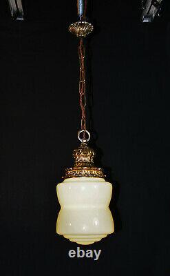 Vintage art deco C-1940s schoolhouse gilt metal & Opaline glass pendant light