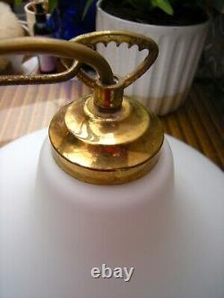 Vintage art deco Opaline milk glass & Brass school house pendant light