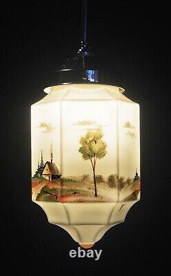 Vintage art deco hand-painted Opaline glass pendant ceiling light French C-1920s