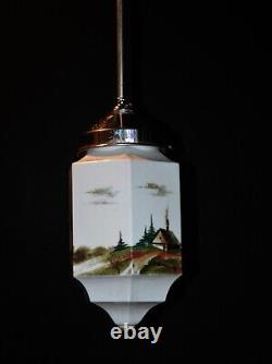 Vintage art deco hand-painted Opaline glass pendant ceiling light French C-1920s