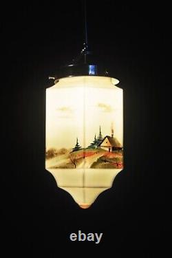 Vintage art deco hand-painted Opaline glass pendant ceiling light French C-1920s