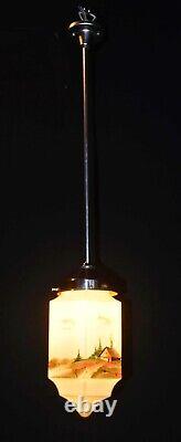 Vintage art deco hand-painted Opaline glass pendant ceiling light French C-1920s