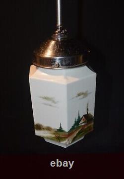 Vintage art deco hand-painted Opaline glass pendant ceiling light French C-1920s