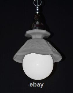 Vintage art deco pendant light moonstone milk glass & opaline globe shade C1940s