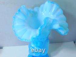 Vtg 10 Fenton Blue Opalescent Cased Art Glass Vase- Hand Design