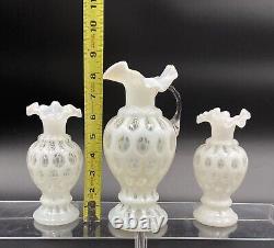 Vtg 1948 FENTON White FRENCH Opalescent COIN DOT Triangular Ruffle VASE Set