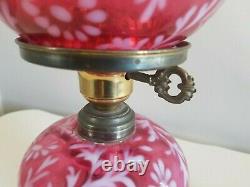 Vtg 1950's Fenton CRANBERRY Glass Opalescent DAISY FERN Hurricane LAMP 14.5