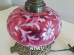 Vtg 1950's Fenton CRANBERRY Glass Opalescent DAISY FERN Hurricane LAMP 14.5