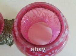 Vtg 1950's Fenton CRANBERRY Glass Opalescent DAISY FERN Hurricane LAMP 14.5