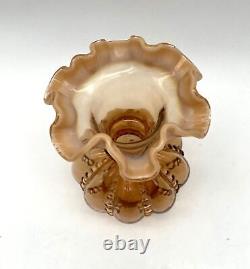 Vtg. Fenton Amber Ribbed Beaded Melon Vase Ruffled Opalescent Rim