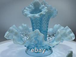 Vtg Fenton Art Glass Blue Opalescent Hobnail Apartment Epergne 3 Horns + Spare