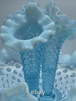 Vtg Fenton Art Glass Blue Opalescent Hobnail Apartment Epergne 3 Horns + Spare