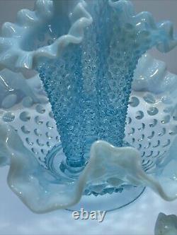 Vtg Fenton Art Glass Blue Opalescent Hobnail Apartment Epergne 3 Horns + Spare