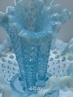 Vtg Fenton Art Glass Blue Opalescent Hobnail Apartment Epergne 3 Horns + Spare