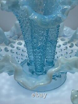 Vtg Fenton Art Glass Blue Opalescent Hobnail Apartment Epergne 3 Horns + Spare