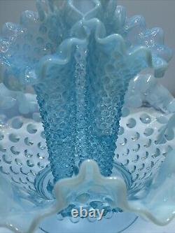 Vtg Fenton Art Glass Blue Opalescent Hobnail Apartment Epergne 3 Horns + Spare