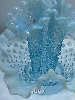 Vtg Fenton Art Glass Blue Opalescent Hobnail Apartment Epergne 3 Horns + Spare