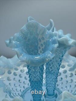 Vtg Fenton Art Glass Blue Opalescent Hobnail Apartment Epergne 3 Horns + Spare