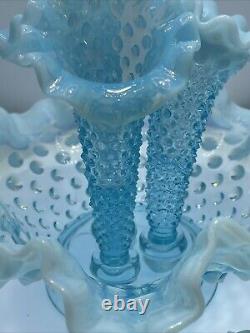 Vtg Fenton Art Glass Blue Opalescent Hobnail Apartment Epergne 3 Horns + Spare