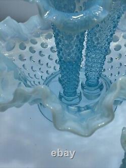 Vtg Fenton Art Glass Blue Opalescent Hobnail Apartment Epergne 3 Horns + Spare