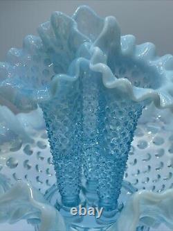 Vtg Fenton Art Glass Blue Opalescent Hobnail Apartment Epergne 3 Horns + Spare