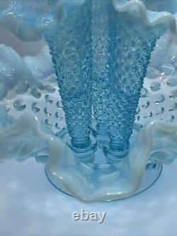 Vtg Fenton Art Glass Blue Opalescent Hobnail Apartment Epergne 3 Horns + Spare