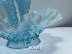 Vtg Fenton Art Glass Blue Opalescent Hobnail Apartment Epergne 3 Horns + Spare