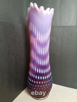 Vtg Fenton Art Glass Plum Opalescent Hobnail Stretch Pitcher Vase 14 with Handle