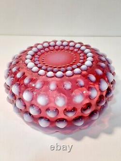 Vtg Rare Fenton Art Glass Cranberry Opalescent Pink Hobnail Lidded Candy Dish